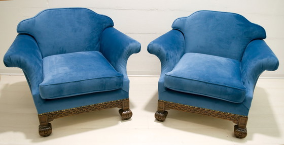 Image 1 of Paar 19e-eeuwse Neo Renaissance Eiken en Blauw Fluwelen Italiaanse Fauteuils