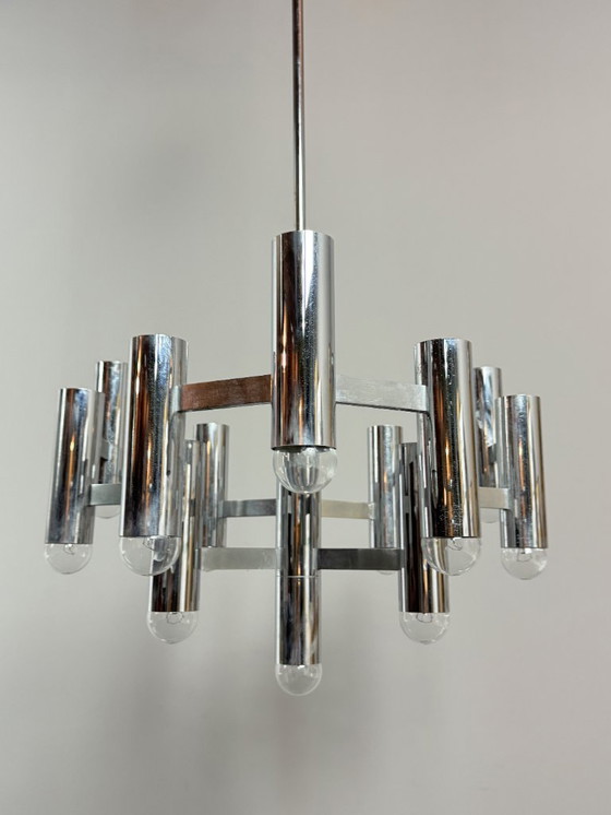 Image 1 of Mid-Century Design Large Sciolari Chandelier with Chromed Frame, Italy, 1970s
