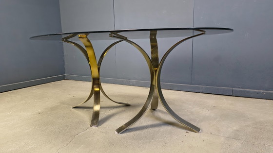 Image 1 of Vintage brass oval glass dining table, 1970s
