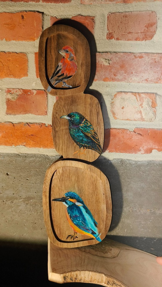 Image 1 of Mensola decorativa con tre uccelli colorati dipinti