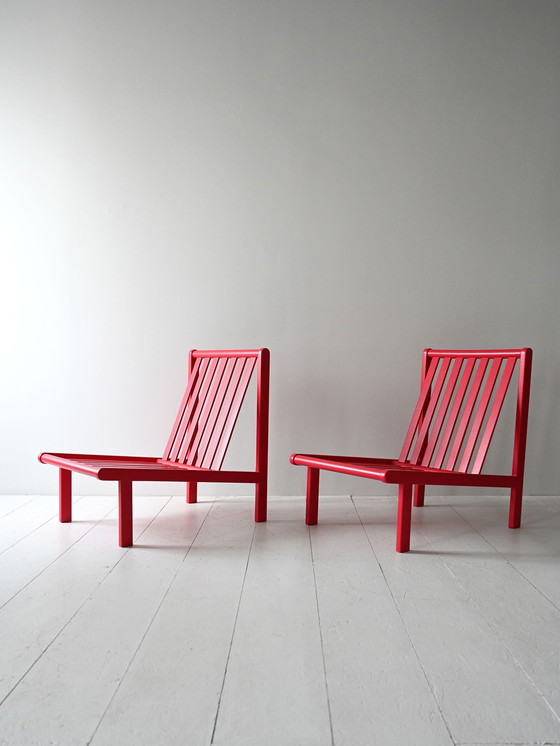 Image 1 of Paire de chaises longues scandinaves vintage, rouge cerise