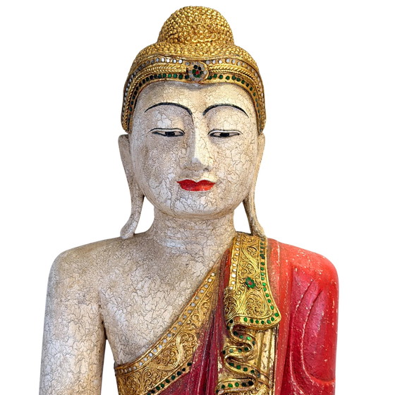 Grote Birmaanse Mandalay Boeddha met Gouden Decoratie – circa 1970 – 87 cm – Beeldhouwkunst, Glass (photo 2 of 11)