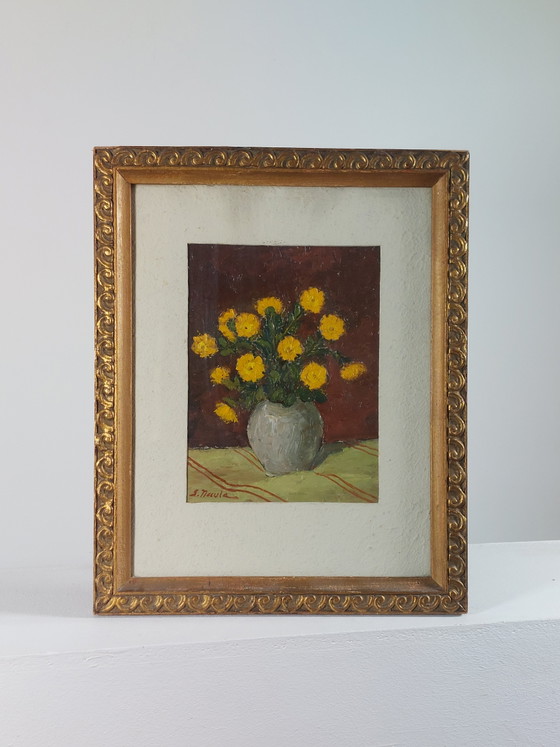 Image 1 of Magnifique peinture à l'huile, nature morte, vase de fleurs, années 1950, cadre sculpté à la main