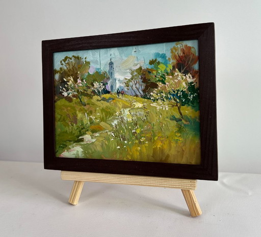 Original Oil Painting Summer Road Landscape The road to the church