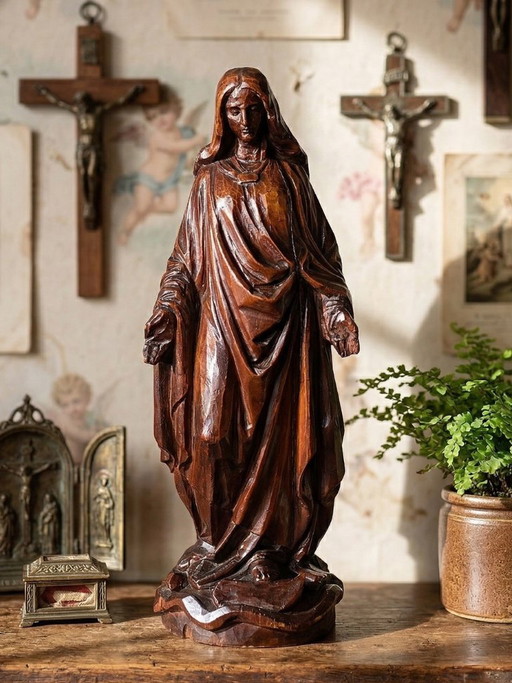 Antique religious sculpture of the Virgin Mary in carved wood, Immaculate Conception