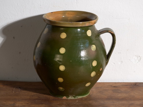 Coppia di brocche antiche in ceramica smaltata, Europa Centrale, circa 1920, Stoviglie, Verde (foto 3 di 11)
