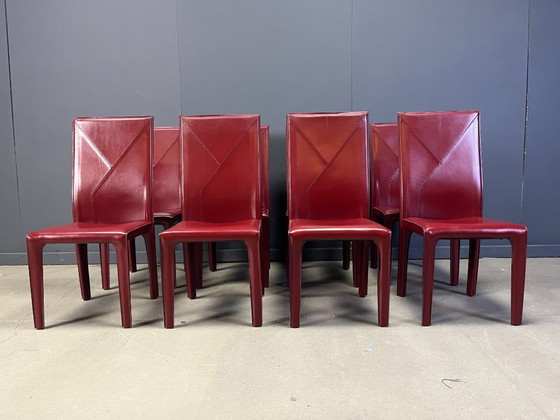 Image 1 of Esszimmerstühle aus rotem Leder von Roche Bobois France, 1980er Jahre – 8er-Set
