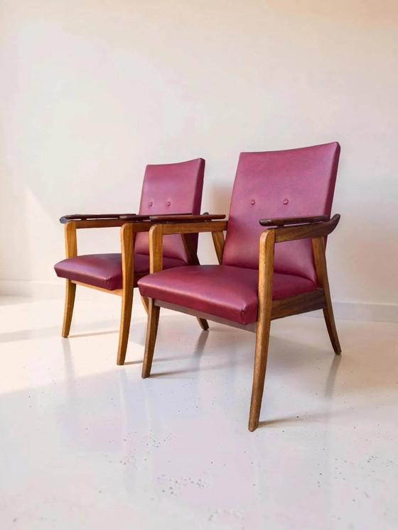 Vintage design armchair set – red skai and teak (1960s) (photo 4 of 13)