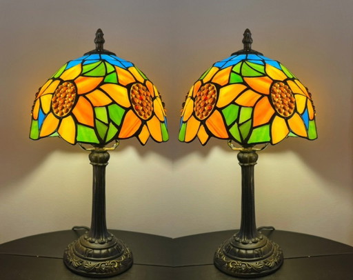 Set of 2 sunflower stained glass table lamps