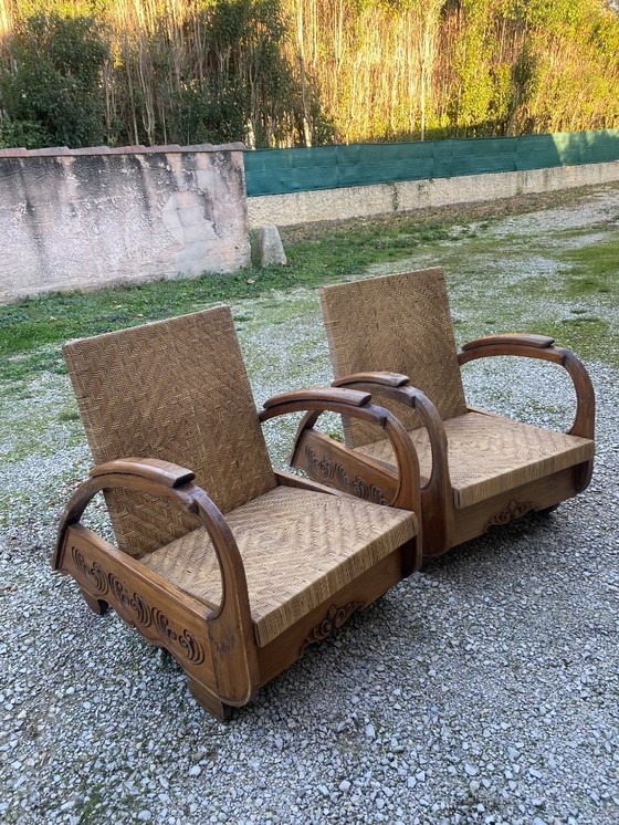 Image 1 of Paar koloniale Art Deco-fauteuils in rotan en teak