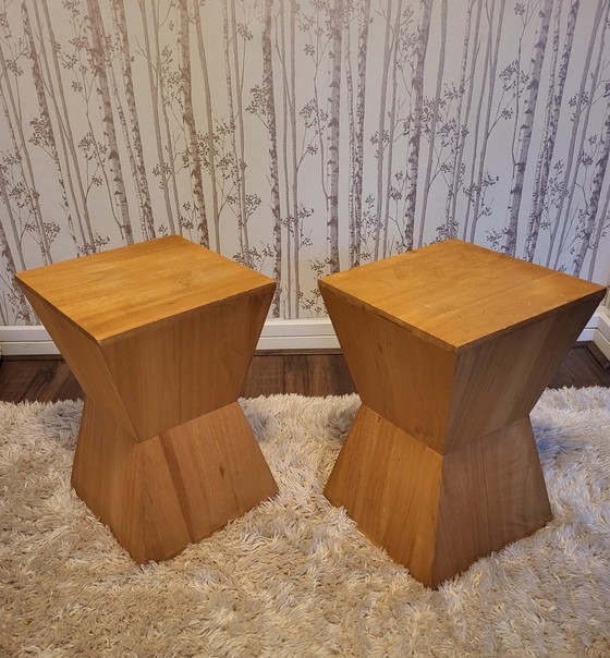Image 1 of Ensemble géométrique de tables et tabourets en bois des années 70.