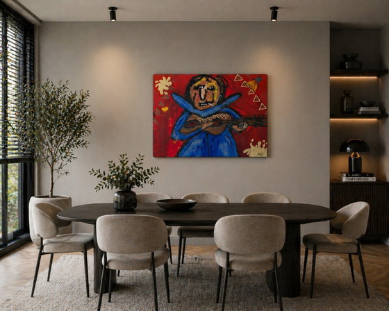Image 1 of Original Abstract Painting Guitar Player Music Art Signed AK 2003 Modern Expressionist Colorful Wall Decor Canvas 