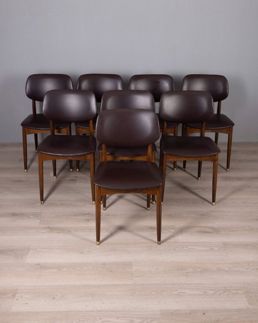Set di 8 sedie vintage anni '60 in legno e pelle, disegnate da Anonima Castelli.