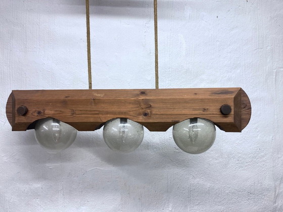 Image 1 of Hanglamp van Temde, gemaakt van hout en glas, met drie lichtpunten, in brutalistische stijl uit de jaren 70.
