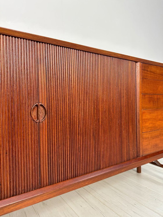 Image 1 of 1958 Danish Teak Sideboard Model 309 by Peter Hvidt & Orla Mølgaard-Nielsen for Søborg Møbelfabrik – Mid-Century Tambour Credenz
