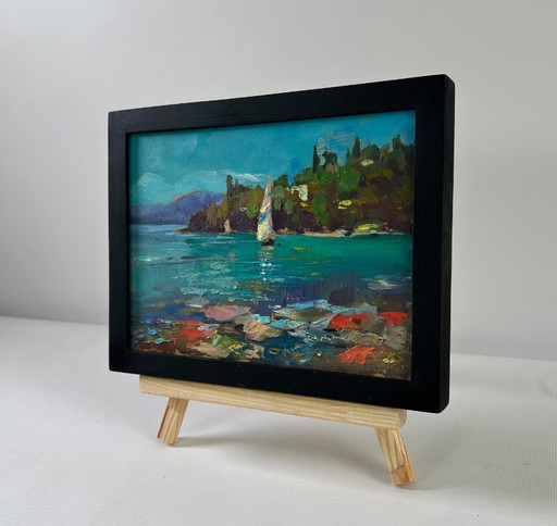 Original Oil Painting Summer Coastal Landscape Sailboat at Sea