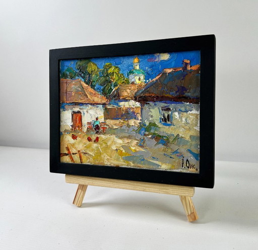 Original Oil Painting Summer Village Landscape Warmth in the yard