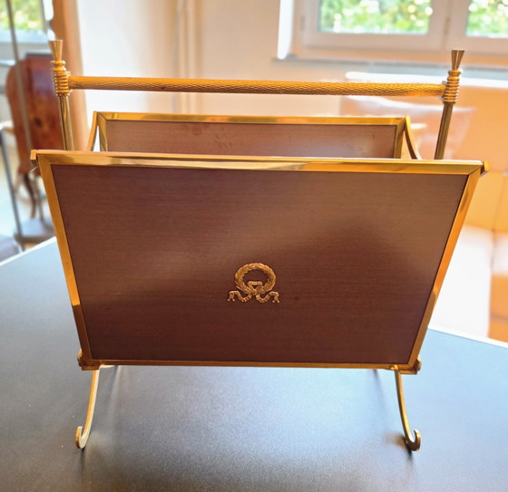Vintage 1940s Magazine Rack Attributed to Maison Jansen – Brass, Wood (photo 2 of 9)