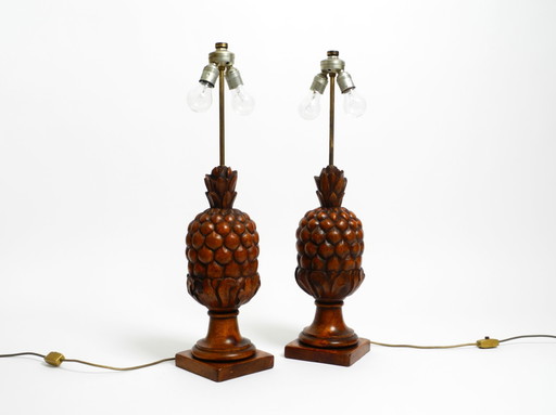 Paire de grandes lampes de table très décoratives Mid Century Modern "Pineapple" en pin teinté