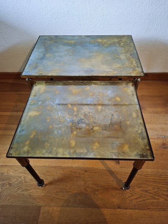 Image 1 of Vintage Maison Jansen style table nest in bronze and Verre Églomisé
