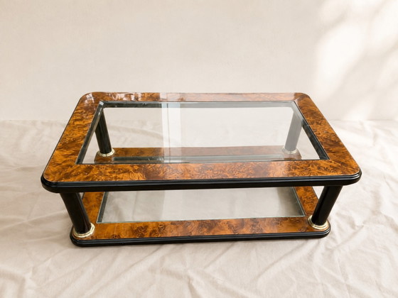 Couchtisch im Art-déco-Stil aus Maserholz, Glas und Messing – Couchtische, Wood (photo 3 of 5)