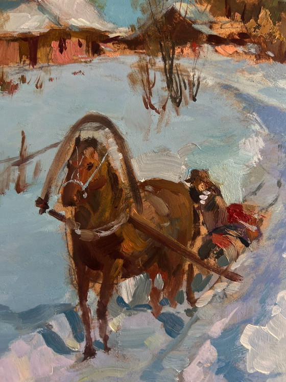 Image 1 of Original Oil Painting Winter Village Landscape Riding a horse in the snow