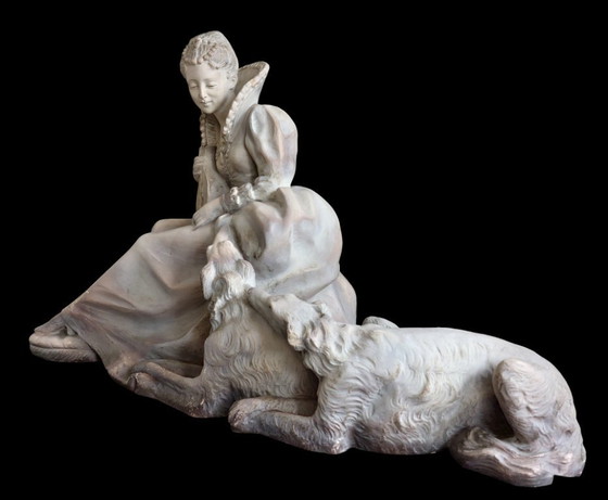 Image 1 of Art Deco sculpture of a seated lady with dogs