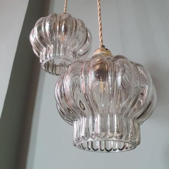 Image 1 of Set of two vintage floral pendant lamps in lantern shape. Mid Century