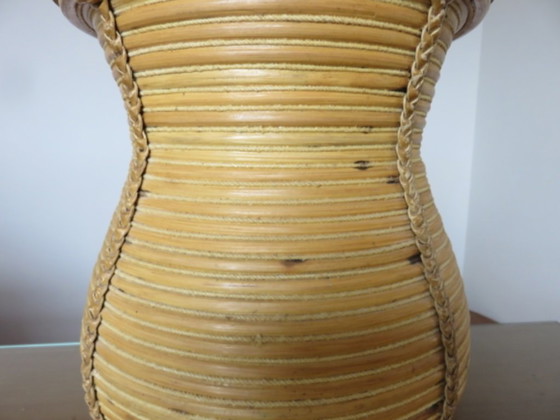 Image 1 of XXL lamp in the style of Gabriella Crespi, rattan, leather and wood, 60s-70s