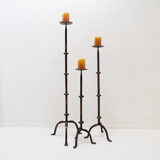 Image 1 of Set of 3 brutalist tripod candlesticks/candle holders in wrought iron