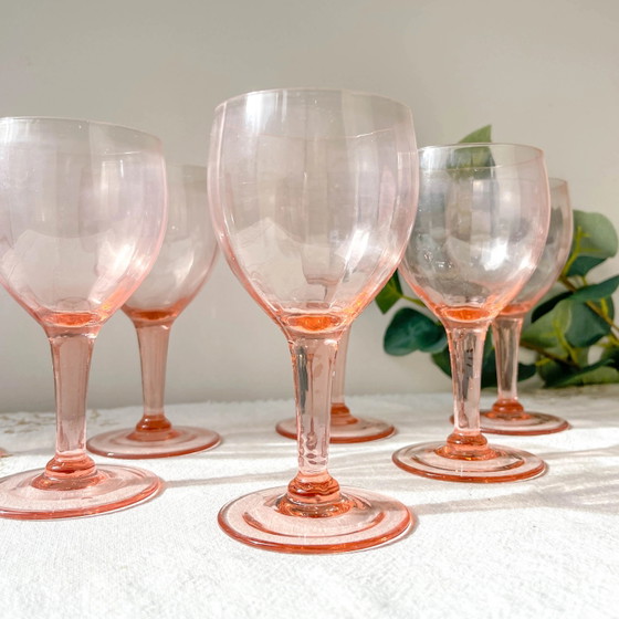 7 Vintage Facet Roze Glazen Waterglazen - Jaren 50 - Franse Elegantie – Glazen & Karaffen, Glass (photo 3 of 10)