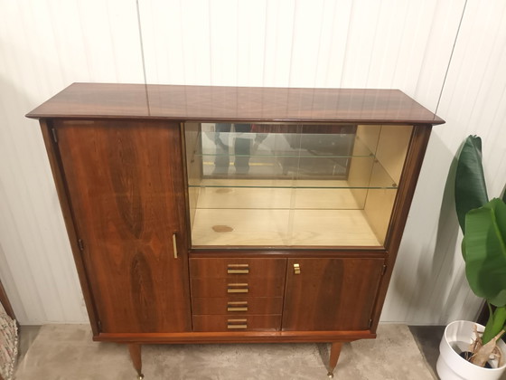 60er Jahre Highboard mit Vitrine, Holz, Glas, Braun (Foto 5 von 13)