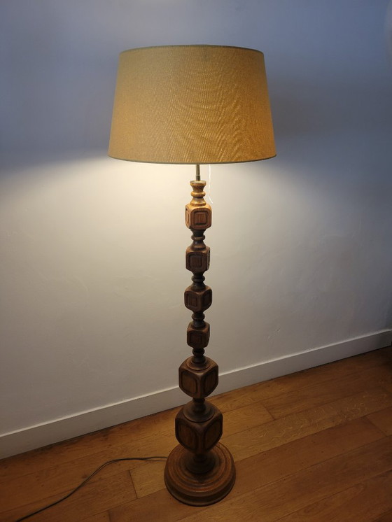 Image 1 of Mid-Century Brutalist floor lamp in oak and brass