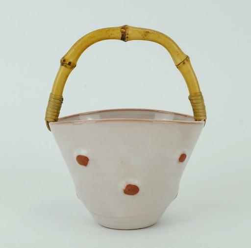 small 1950s basket-shaped VASE with bamboo handle small plant pot