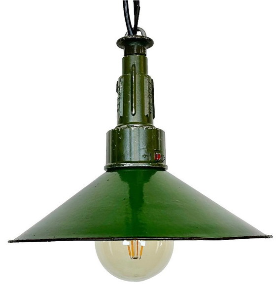 Image 1 of Industrial Green Enamel Military Pendant Lamp with Cast Aluminium Top, 1960s