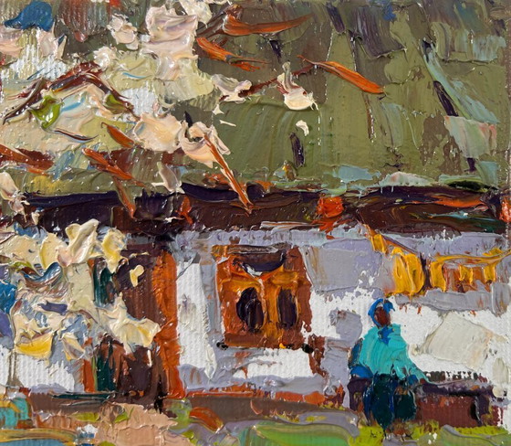 Image 1 of Original Oil Painting Summer House Landscape Old apple tree