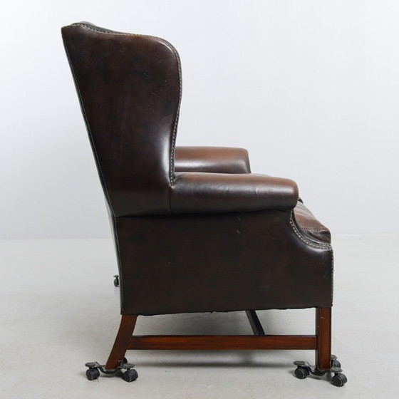 Image 1 of Late 20th Century English-Style Leather Sofa — Pearl Nail Trim & Loose Seat Cushions 