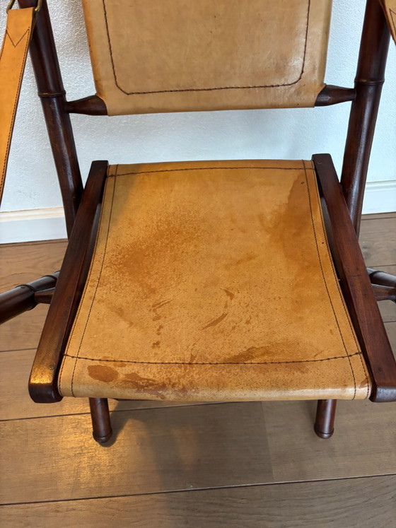 Image 1 of Silla de oficial - tapizada en madera y cuero - estilo campaña militar