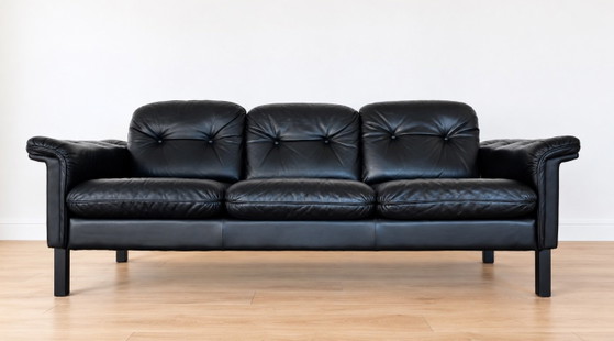 Divano vintage danese a 3 posti in pelle nera, stile metà secolo, anni '70. – Vintage Danish Mid Century (photo 8 of 9)