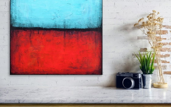 Image 1 of Blue and Red original minimalist abstract modern painting, stretched canvas