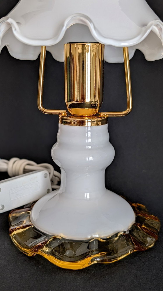 Image 1 of Set van twee tafellampen van Sylcom, gemaakt van Murano-glas – melkwit, amber en goud ✨