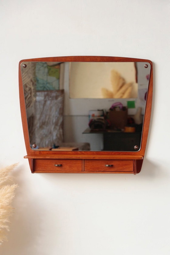 Image 1 of Scandinavian Teak Wall Mirror with Drawers – Mid-Century Danish Design