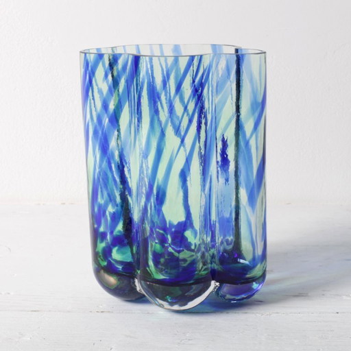 Vase en Verre Scandinave Vintage Pauline Cloud / Bleu et Vert / Rune Strand pour Sea Glasbruk / Suède / Années 1970