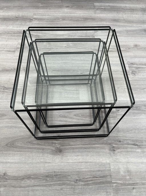 Max Sauze "Isocele" Side Tables – Set of 3 – 1970s – bijzettafels, Iron, Glass (photo 2 of 6)