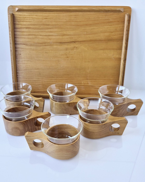 Image 1 of Vintage tea service, tea set, wooden cups + Jena glass Schott, 1960, with tray