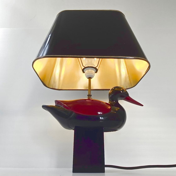 Image 1 of Vintage 1970s Italian Duck Table Lamp, Black & Burgundy Lacquered Wood