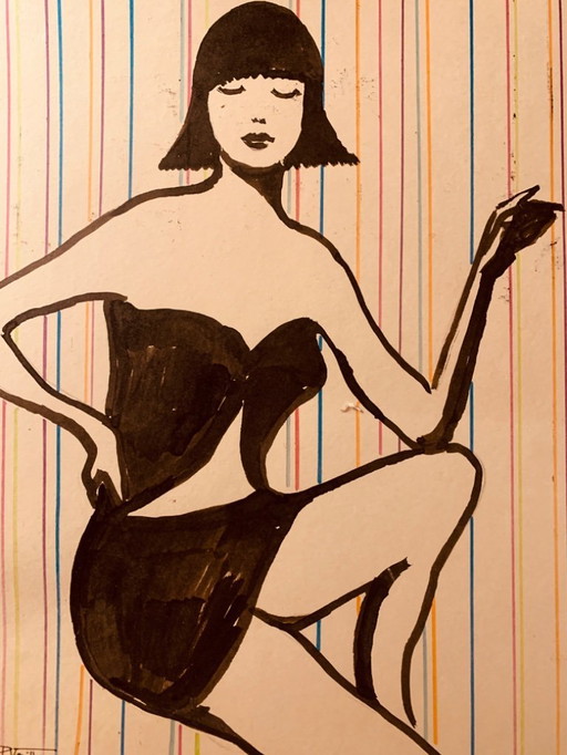 Dessin à l’encre signé pour gravure de mode années 70