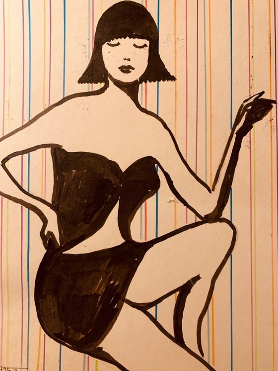 Image 1 of Inkttekening getekend voor een modeprint uit de jaren 70