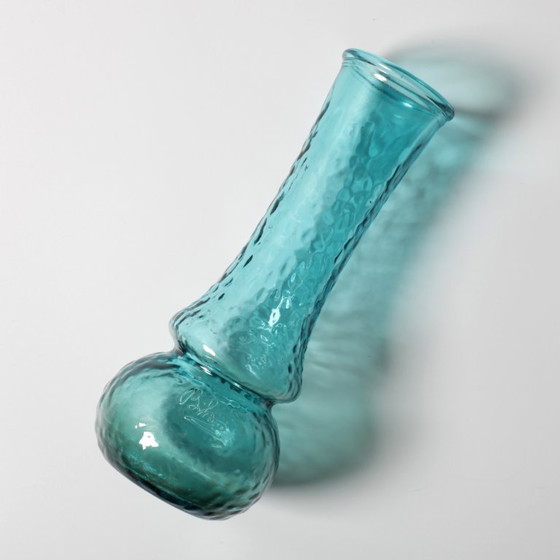 Image 1 of Turquoise Stylish Glass Flower Vase / Bibi Teal Hammered Textured Glass Vase / Italy / 1980s