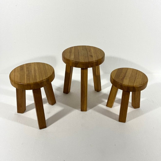Tables d'appoint brutalistes en chêne clair, années 80, lot de 3